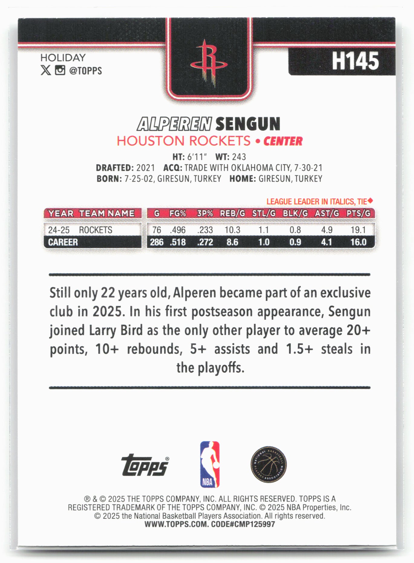 2025-26 Topps Holiday #H145 Alperen Sengun