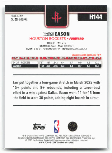 2025-26 Topps Holiday #H144 Tari Eason