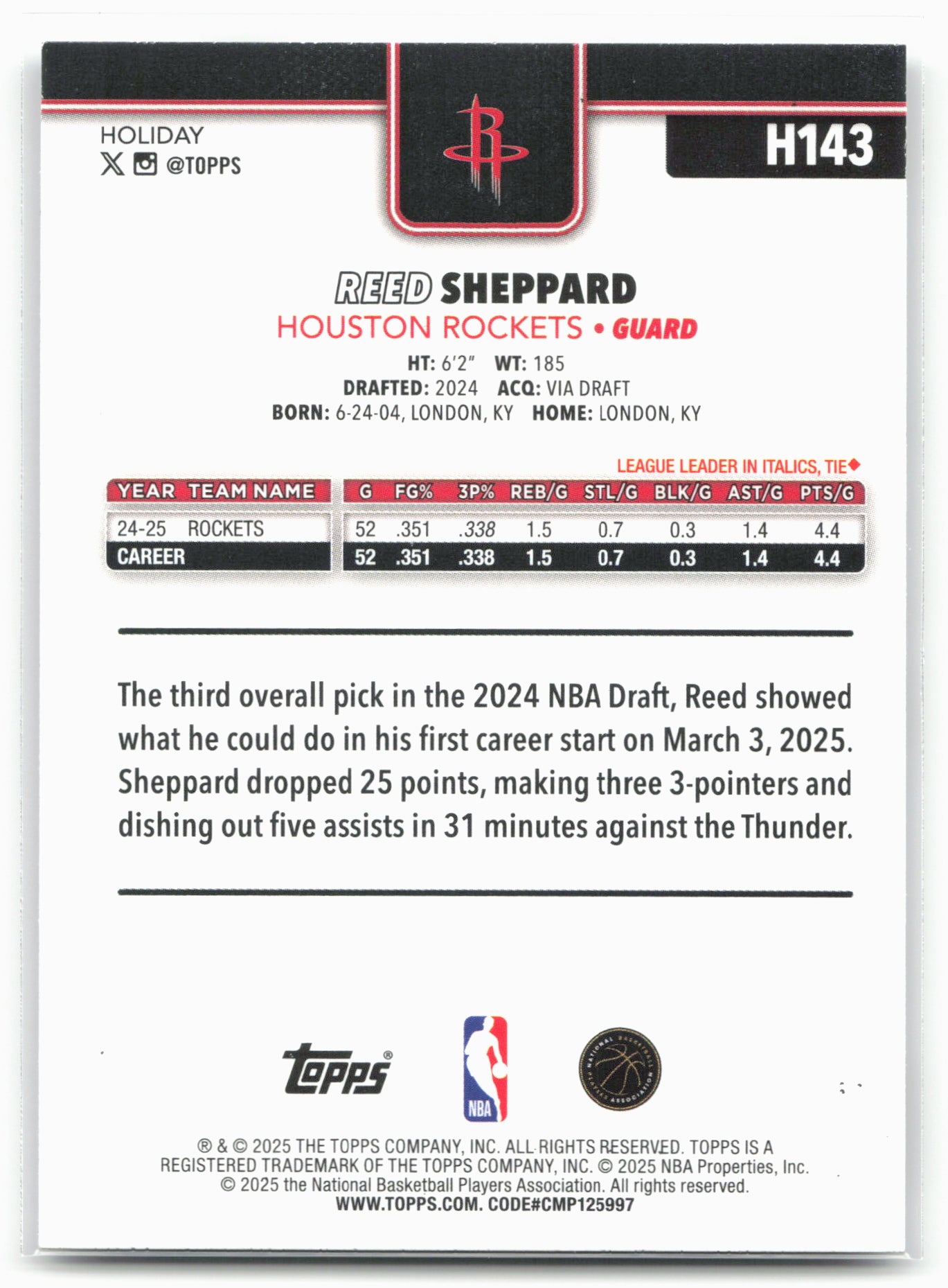 2025-26 Topps Holiday #H143 Reed Sheppard
