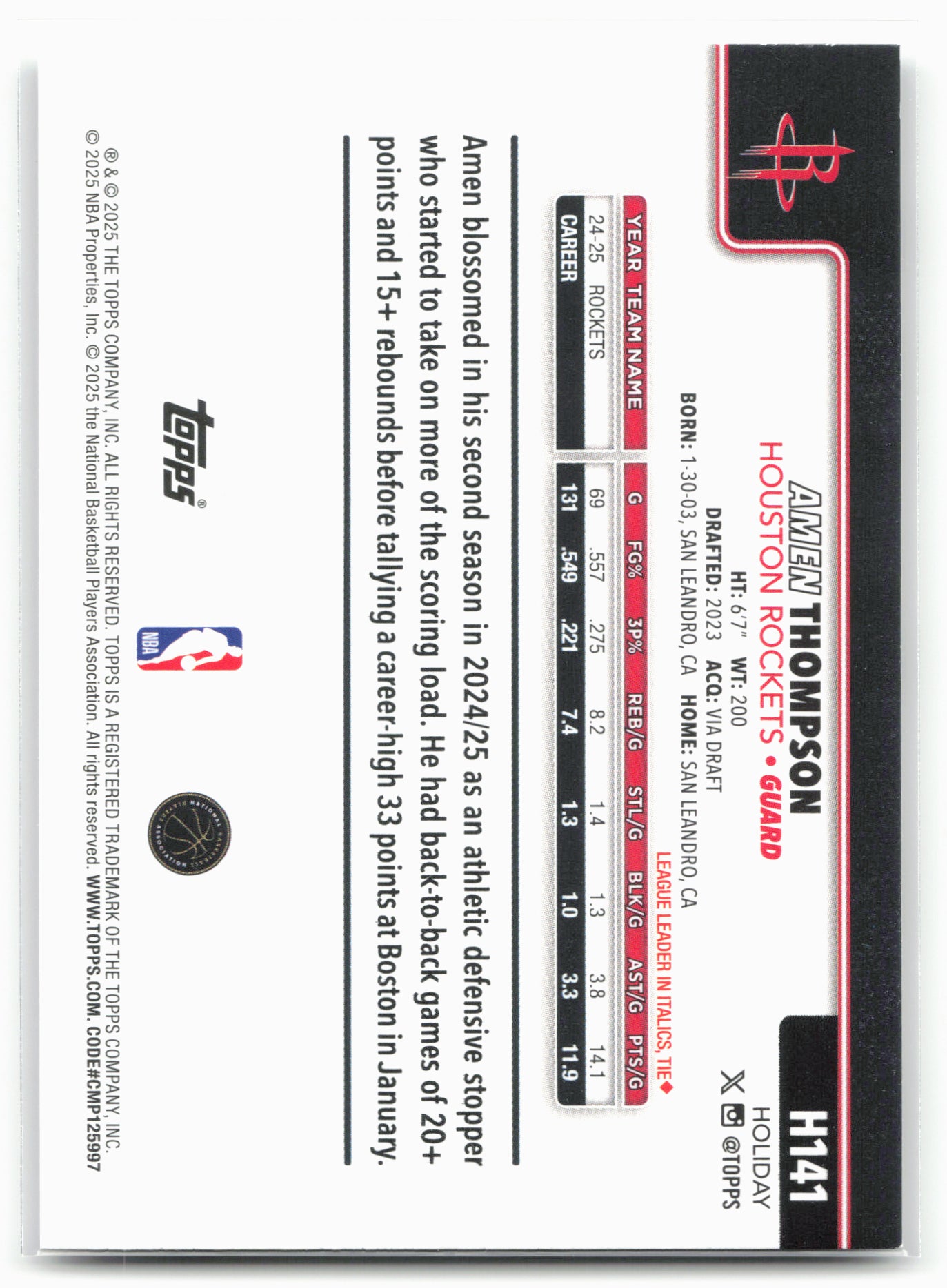 2025-26 Topps Holiday #H141 Amen Thompson