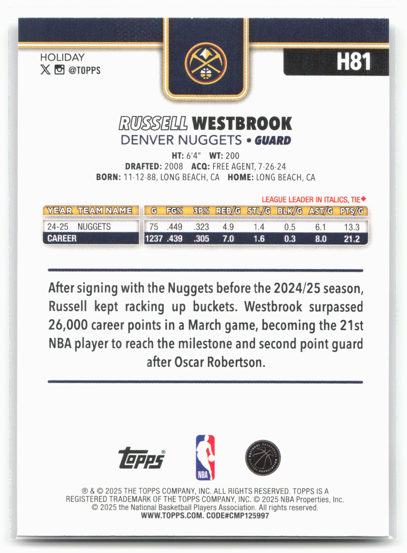 2025-26 Topps Holiday #H81 Russell Westbrook