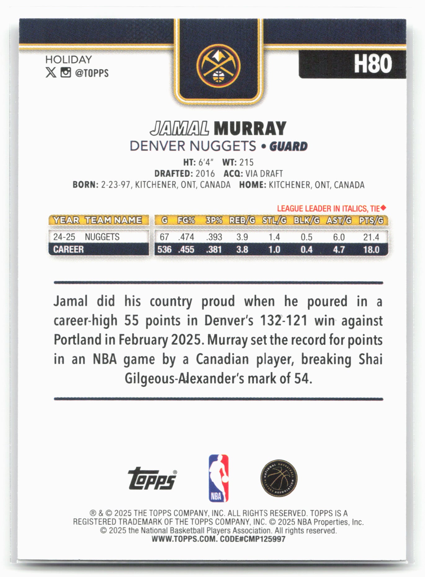 2025-26 Topps Holiday #H80 Jamal Murray