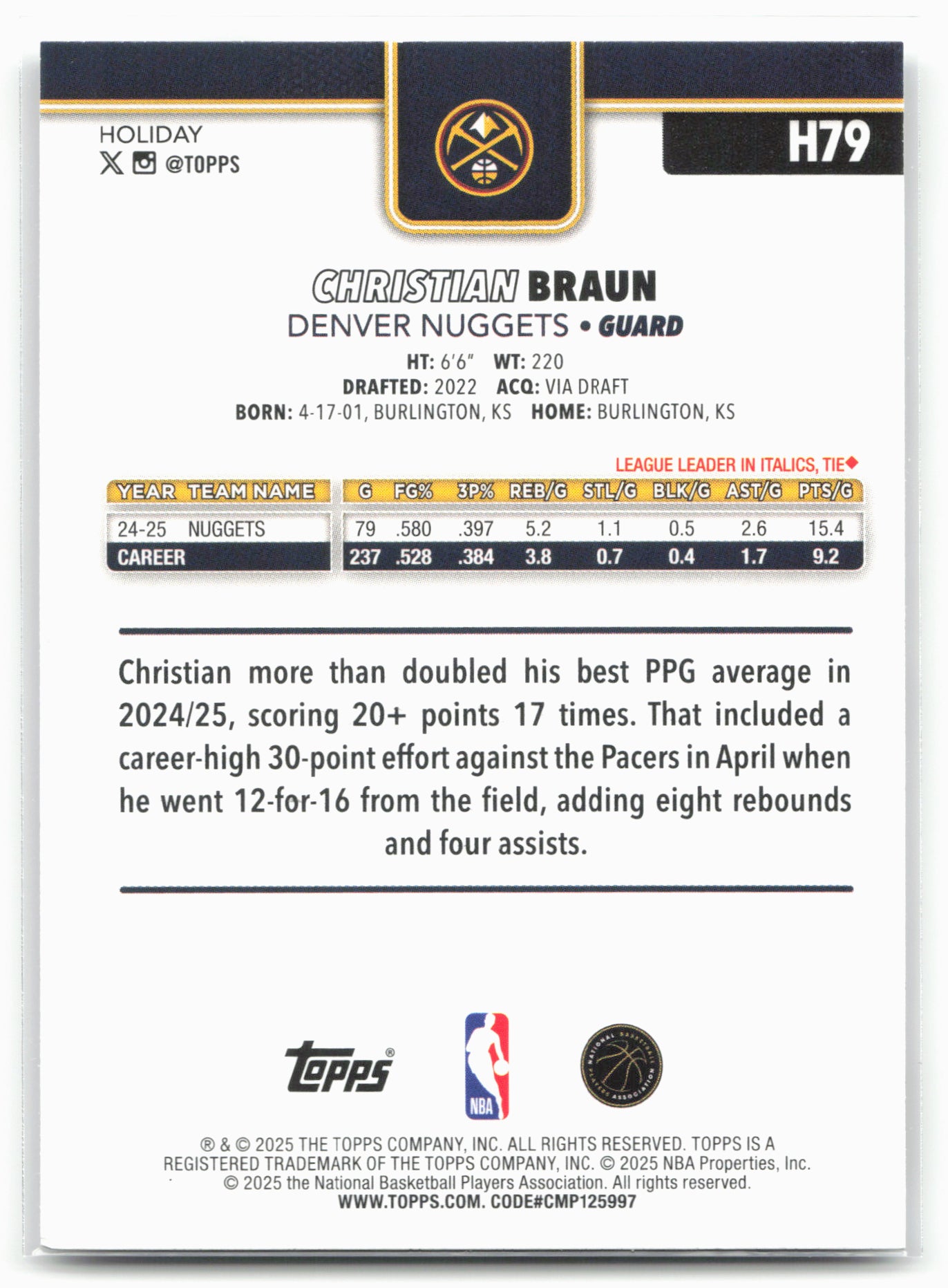 2025-26 Topps Holiday #H79 Christian Braun