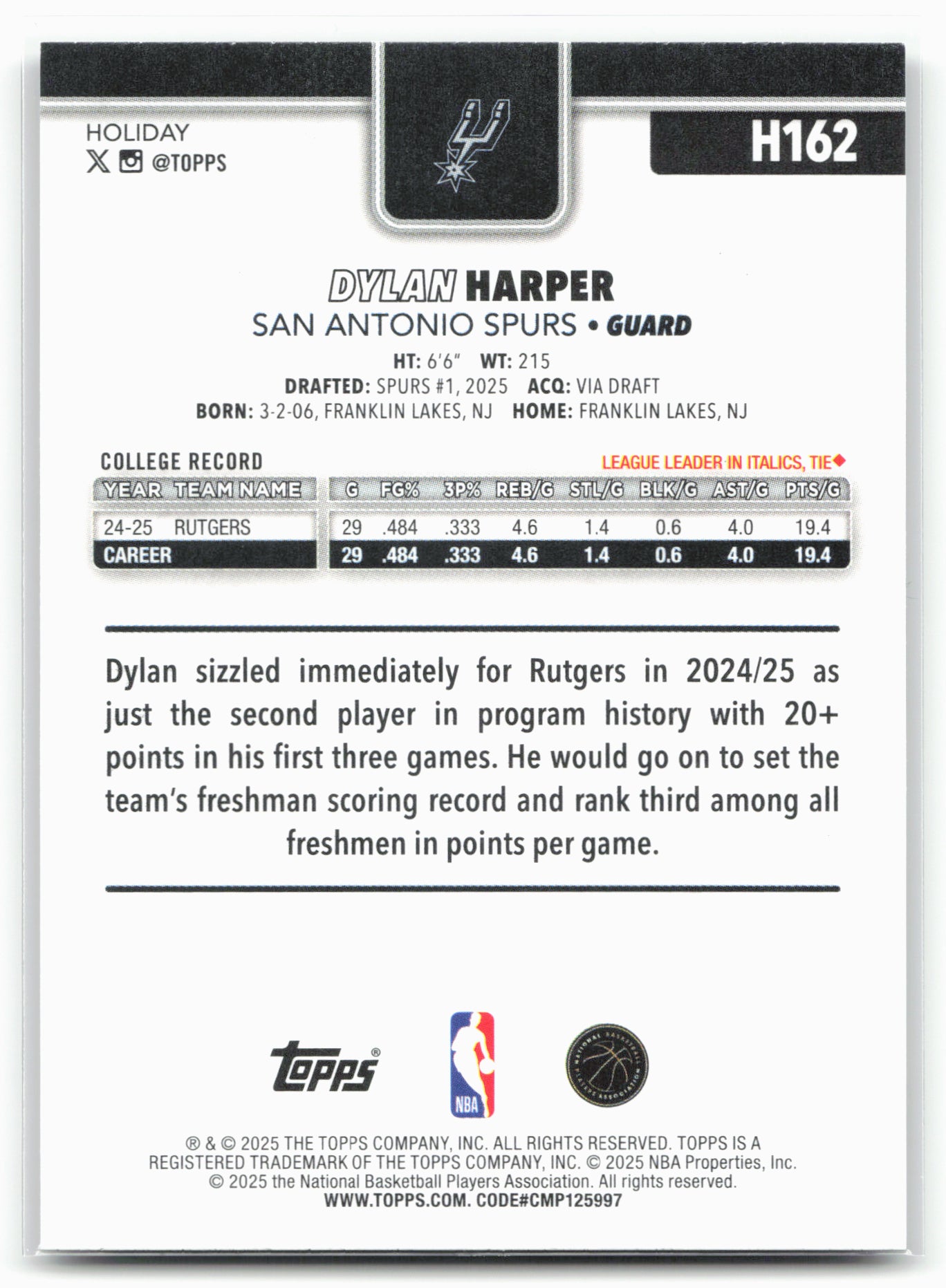 2025-26 Topps Holiday #H162 Dylan Harper Glitter Holiday