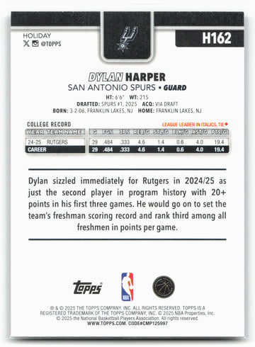 2025-26 Topps Holiday #H162 Dylan Harper Glitter Holiday