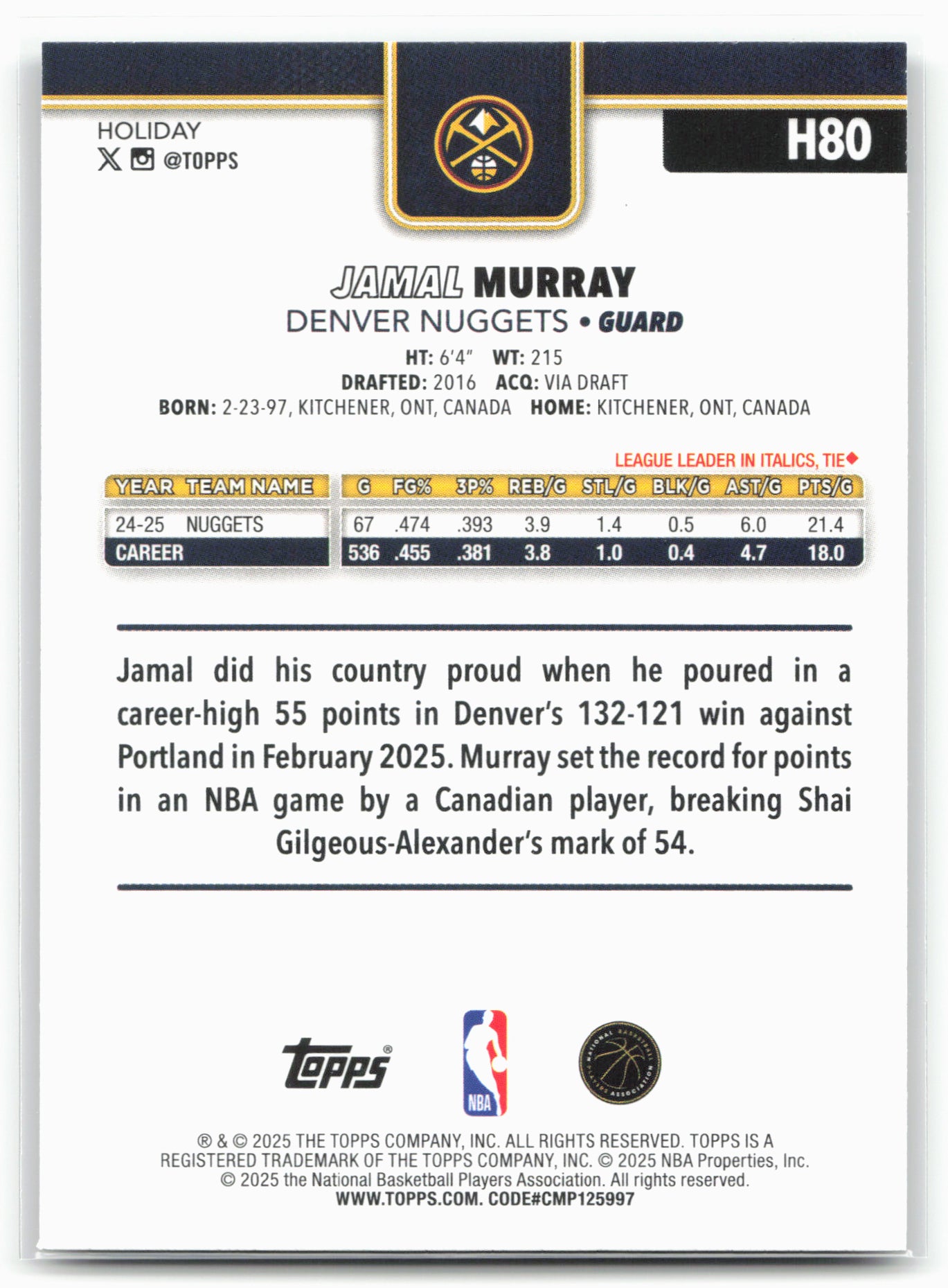 2025-26 Topps Holiday #H80 Jamal Murray Glitter Holiday