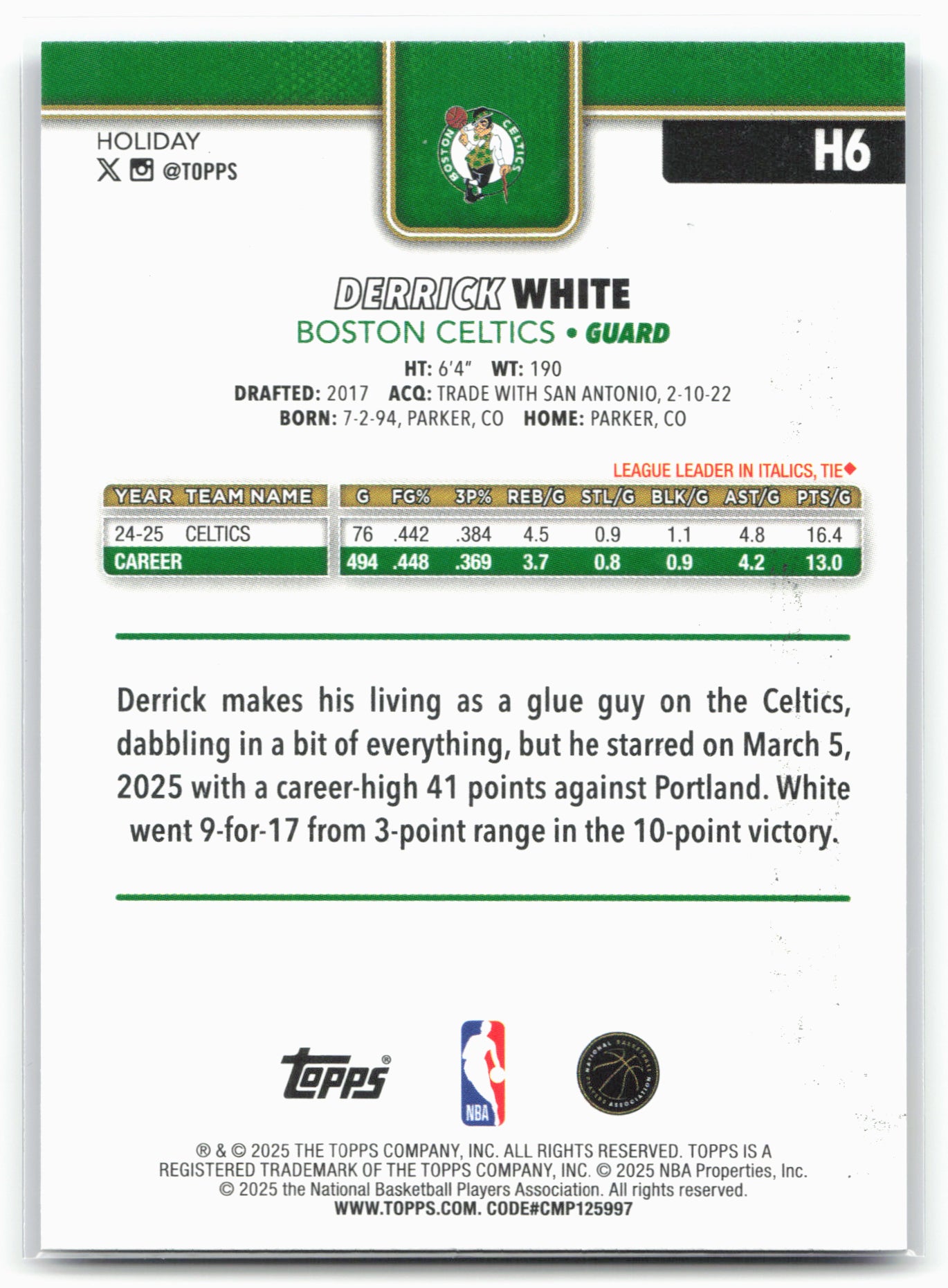 2025-26 Topps Holiday #H6 Derrick White Blue Metallic Glitter Holiday