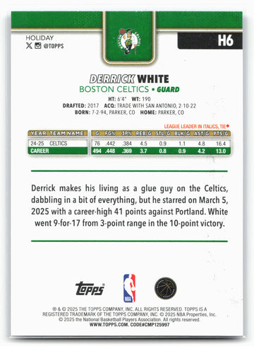 2025-26 Topps Holiday #H6 Derrick White Blue Metallic Glitter Holiday