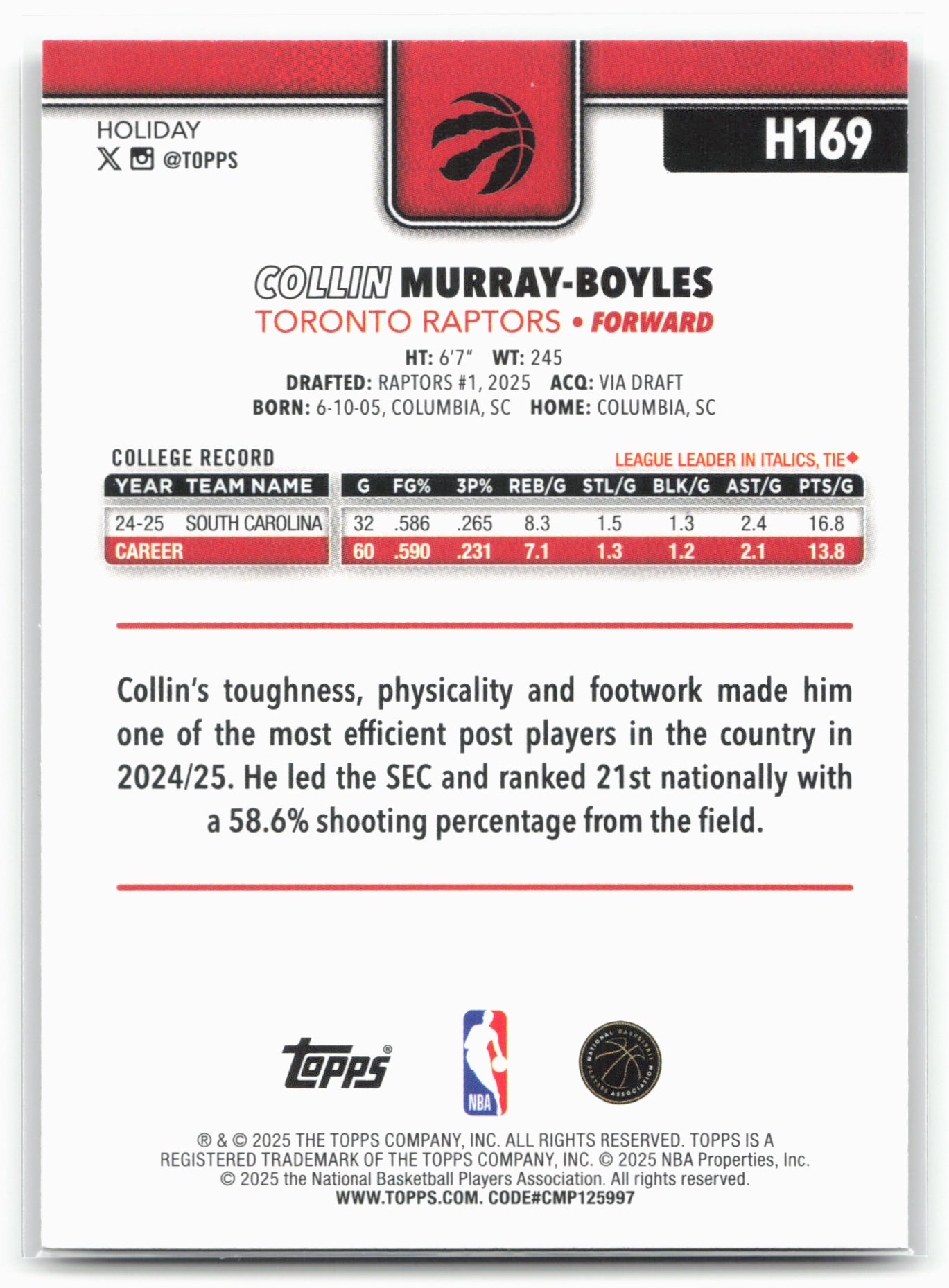 2025-26 Topps Holiday #H169 Collin Murray-Boyles Glitter Holiday