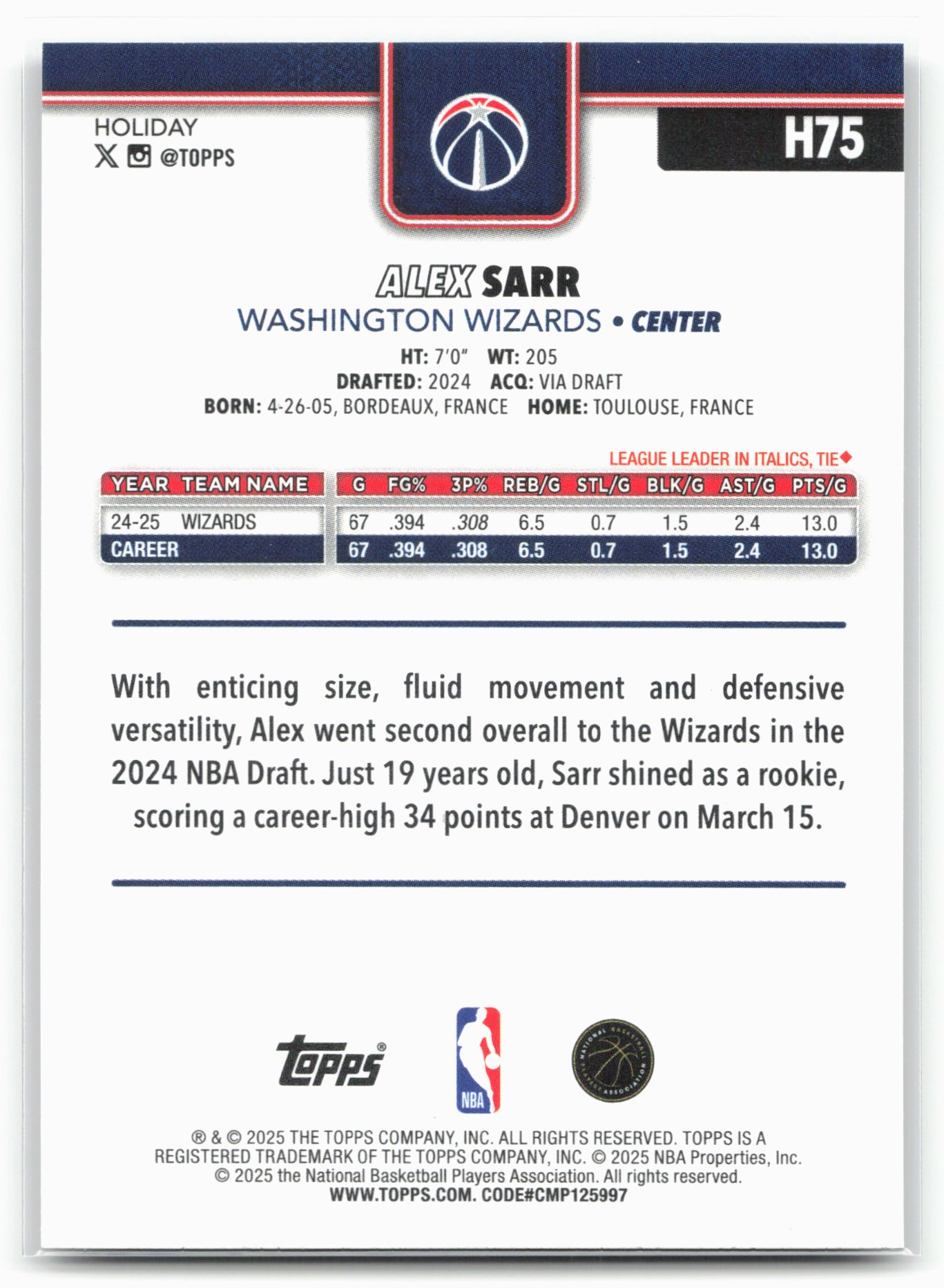 2025-26 Topps Holiday #H75 Alex Sarr Glitter Holiday