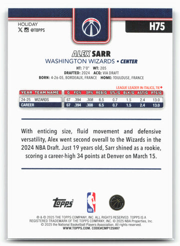 2025-26 Topps Holiday #H75 Alex Sarr Glitter Holiday