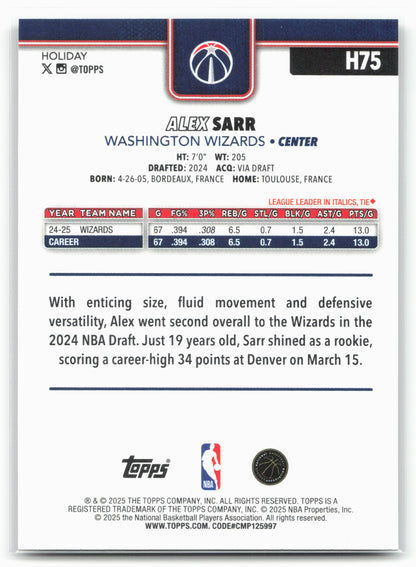 2025-26 Topps Holiday #H75 Alex Sarr Glitter Holiday