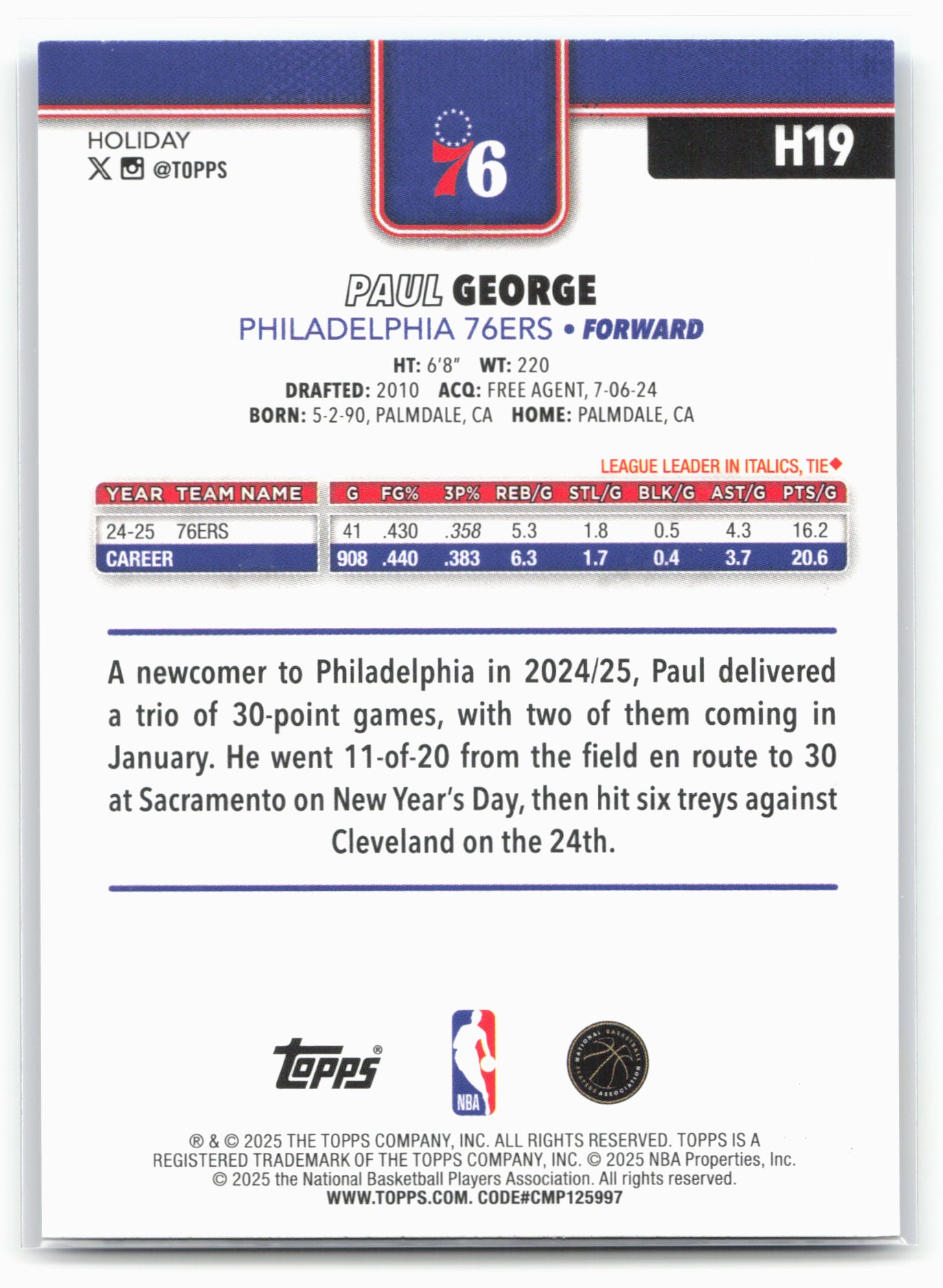 2025-26 Topps Holiday #H19 Paul George Blue Metallic Glitter Holiday