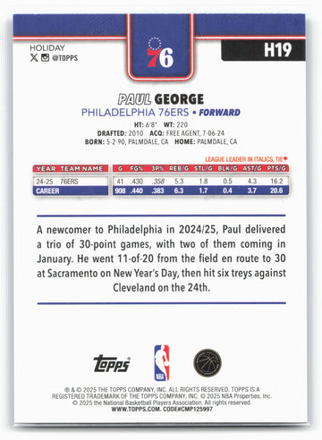2025-26 Topps Holiday #H19 Paul George Blue Metallic Glitter Holiday
