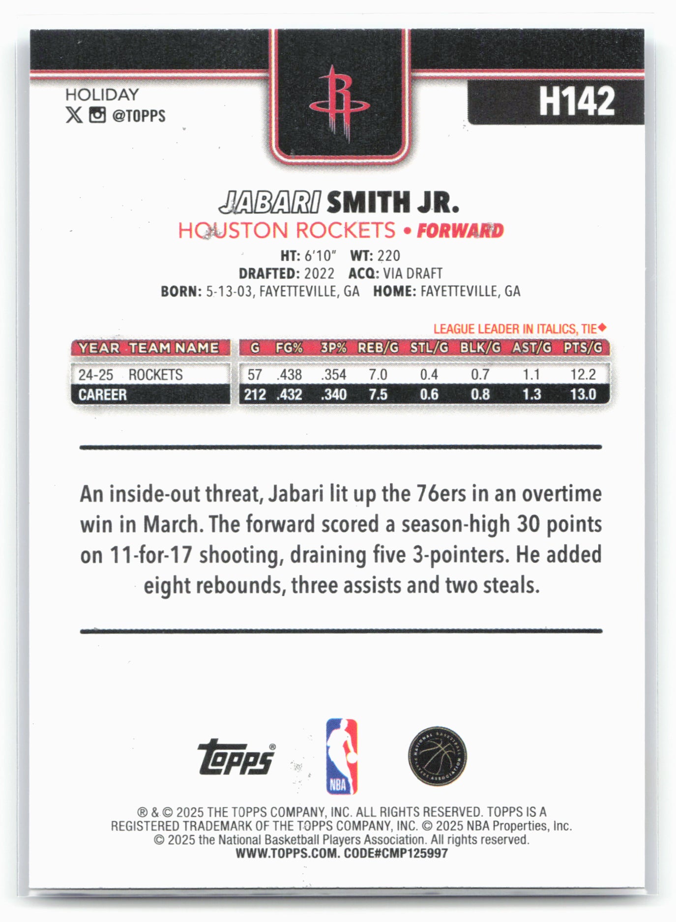 2025-26 Topps Holiday #H142 Jabari Smith Jr. Light Blue Glitter Holiday