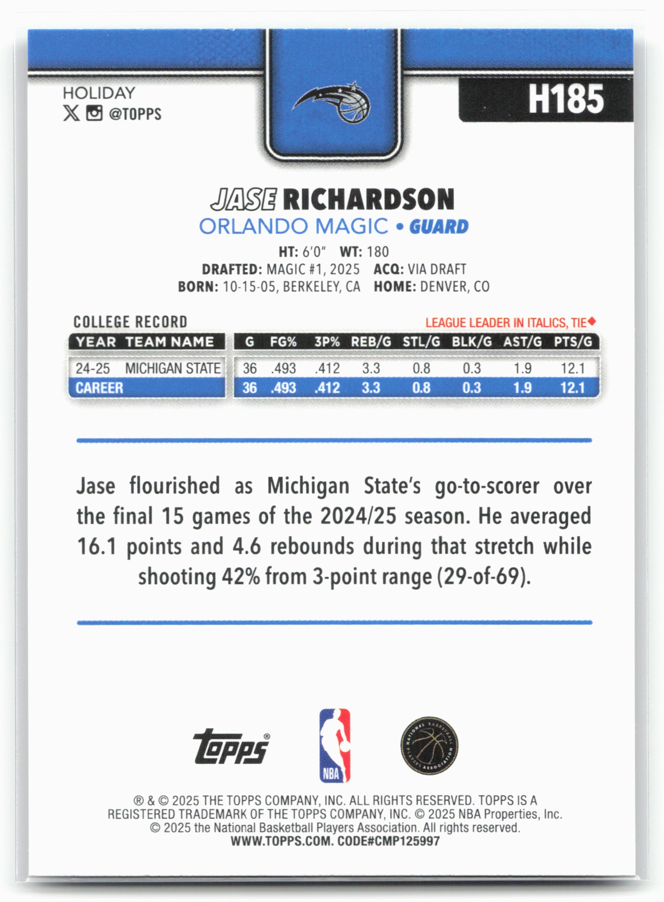 2025-26 Topps Holiday #H185 Jase Richardson Glitter Holiday