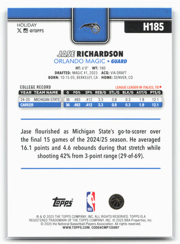 2025-26 Topps Holiday #H185 Jase Richardson Glitter Holiday