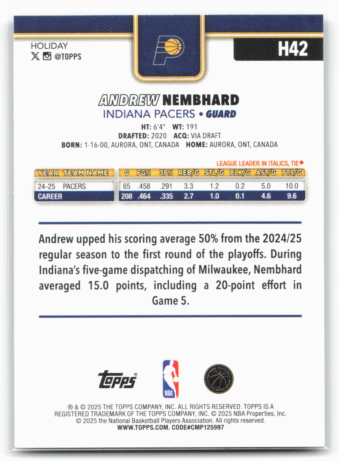 2025-26 Topps Holiday #H42 Andrew Nembhard Glitter Holiday