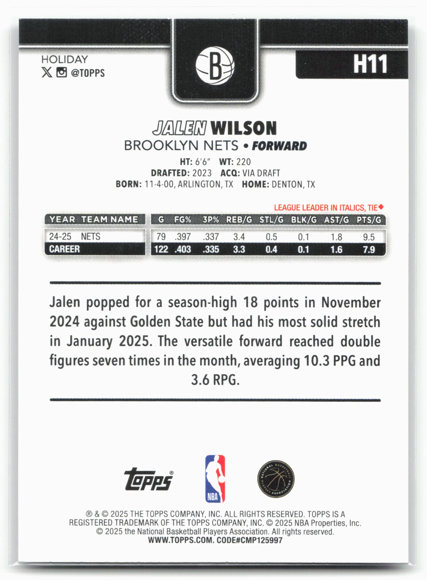 2025-26 Topps Holiday #H11 Jalen Wilson Glitter Holiday