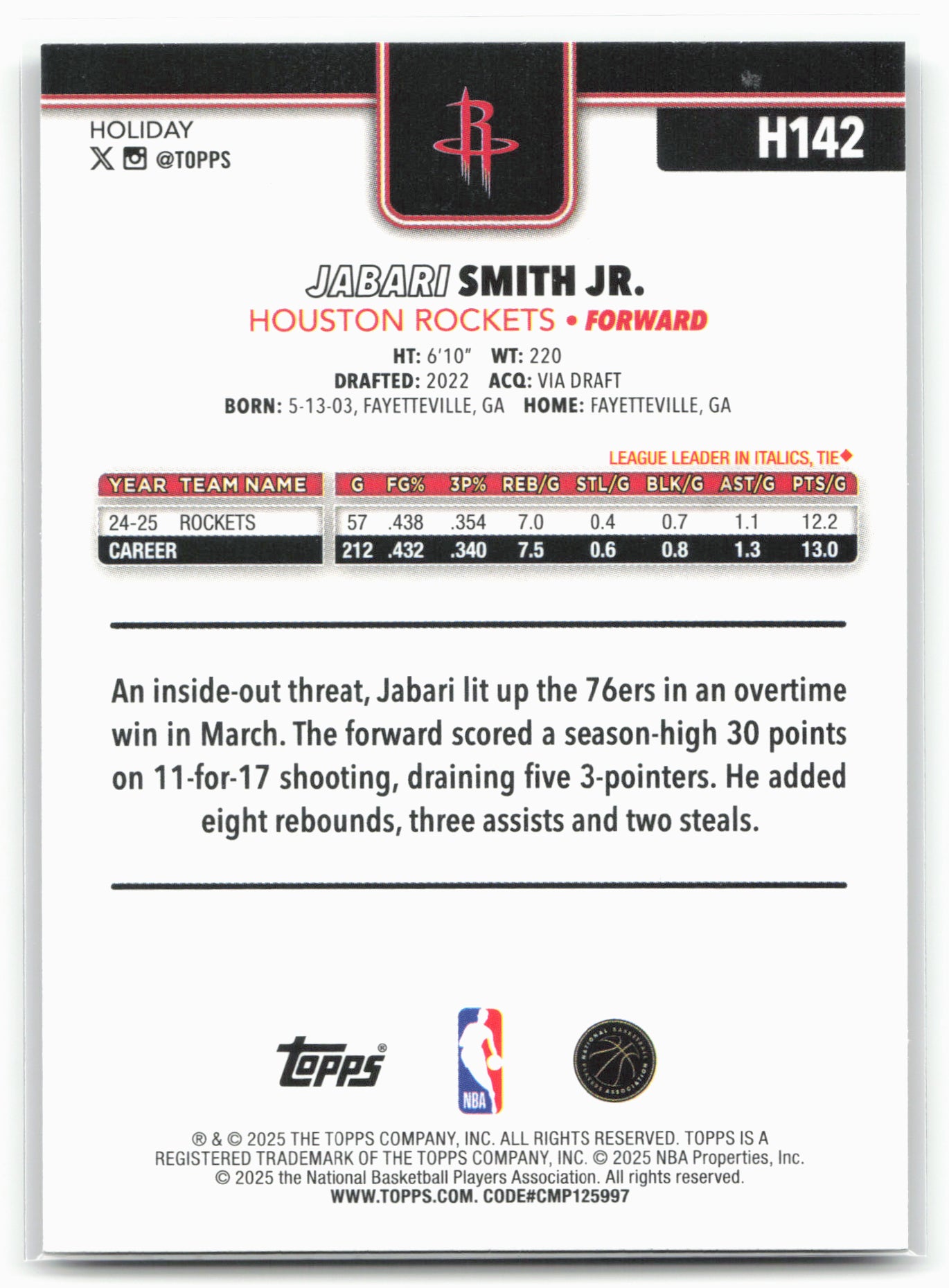 2025-26 Topps Holiday #H142 Jabari Smith Jr. Glitter Holiday