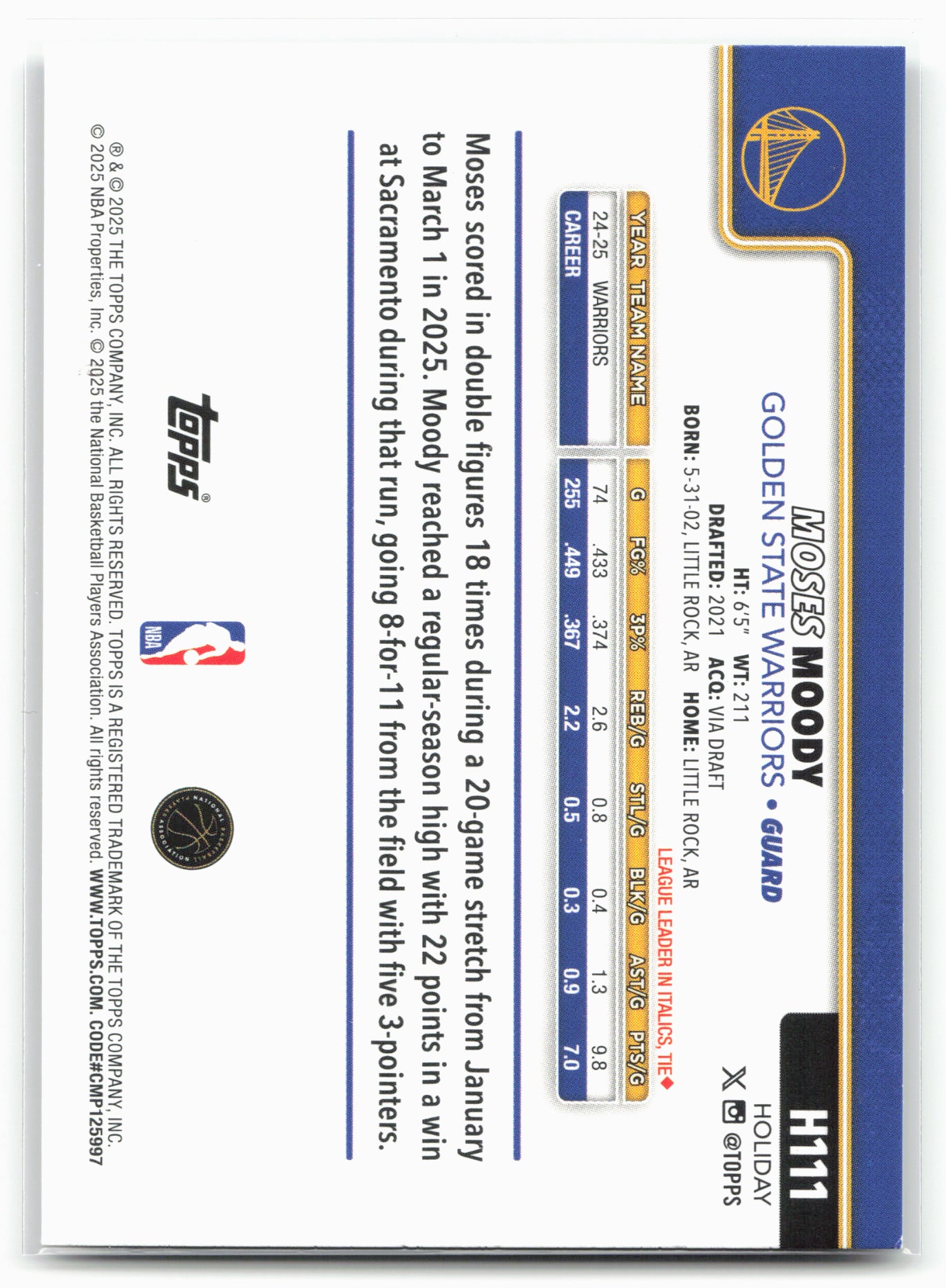 2025-26 Topps Holiday #H111 Moses Moody Glitter Holiday