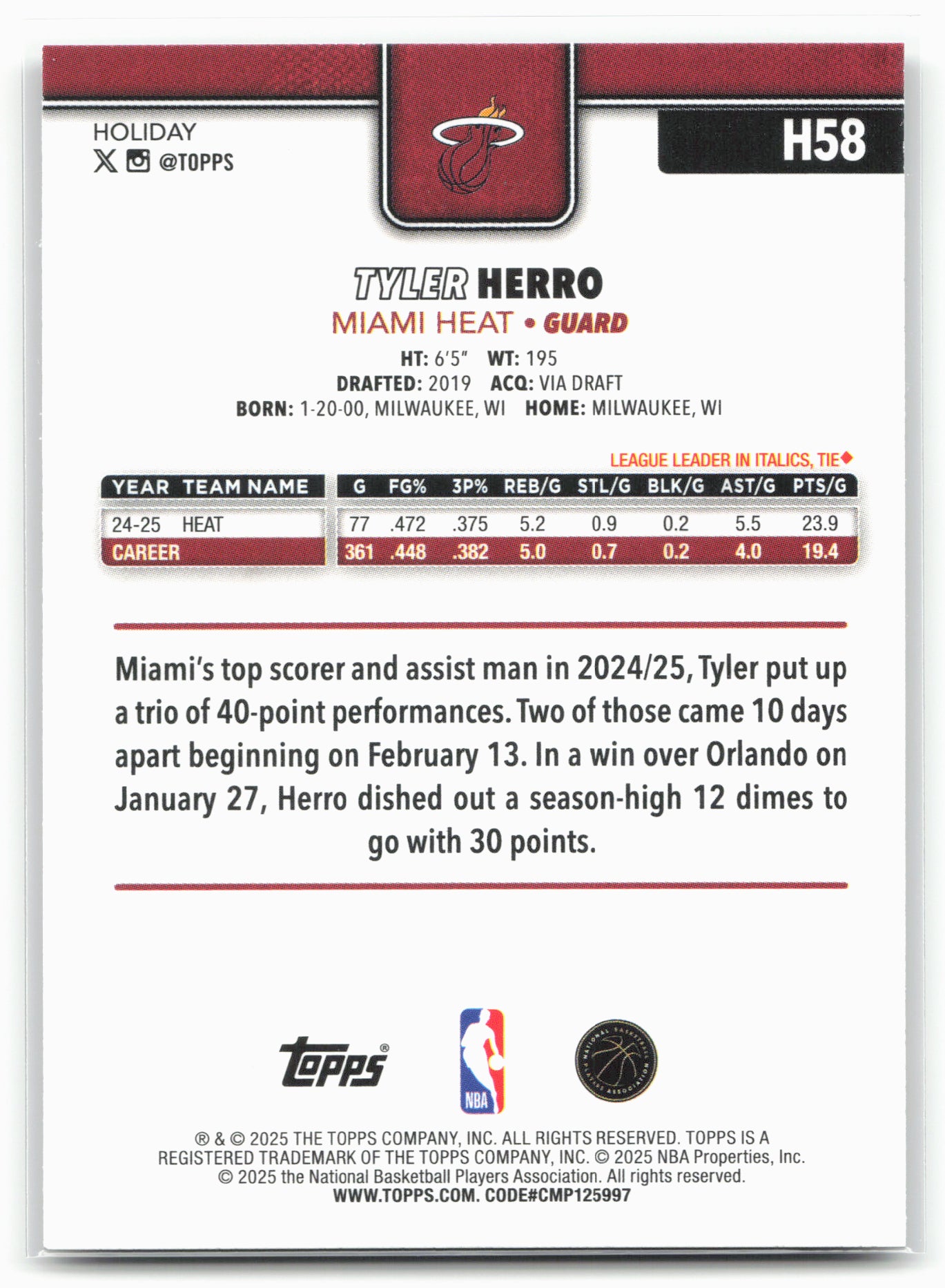 2025-26 Topps Holiday #H58 Tyler Herro Glitter Holiday