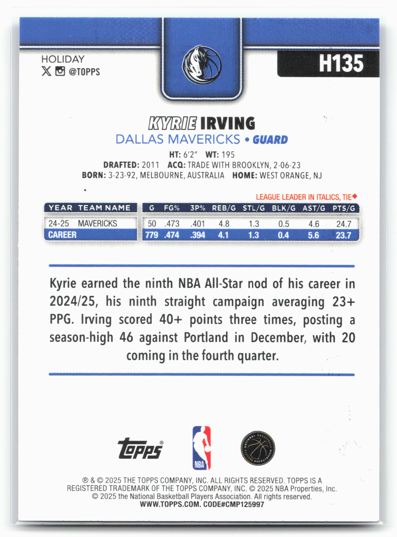 2025-26 Topps Holiday #H135 Kyrie Irving Blue Metallic Glitter Holiday