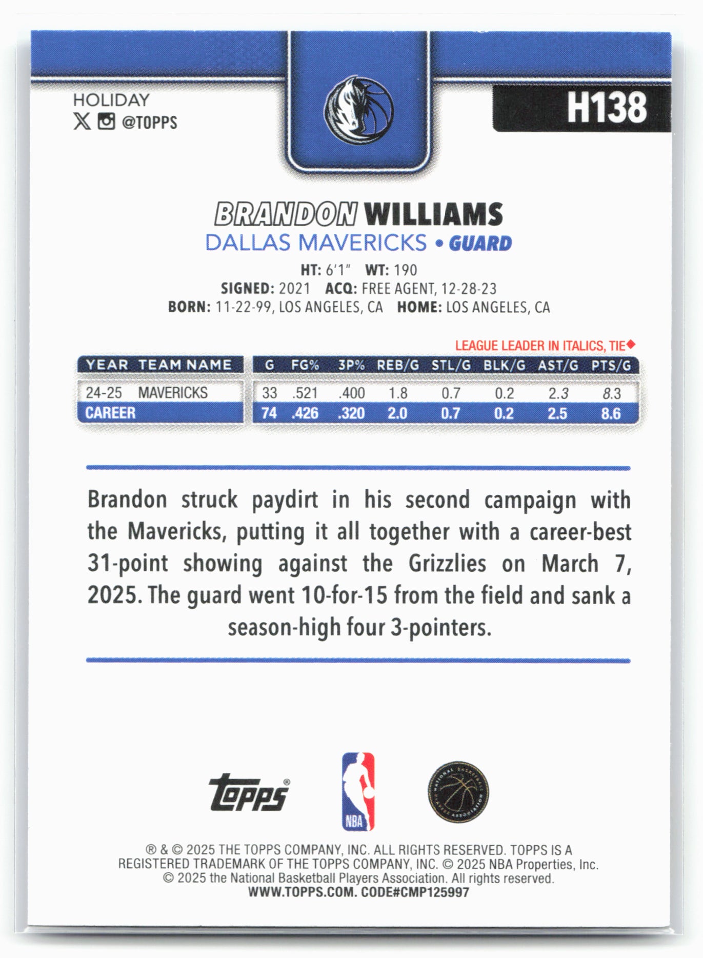 2025-26 Topps Holiday #H138 Brandon Williams Light Blue Glitter Holiday