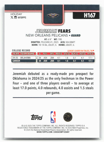2025-26 Topps Holiday #H167 Jeremiah Fears Glitter Holiday