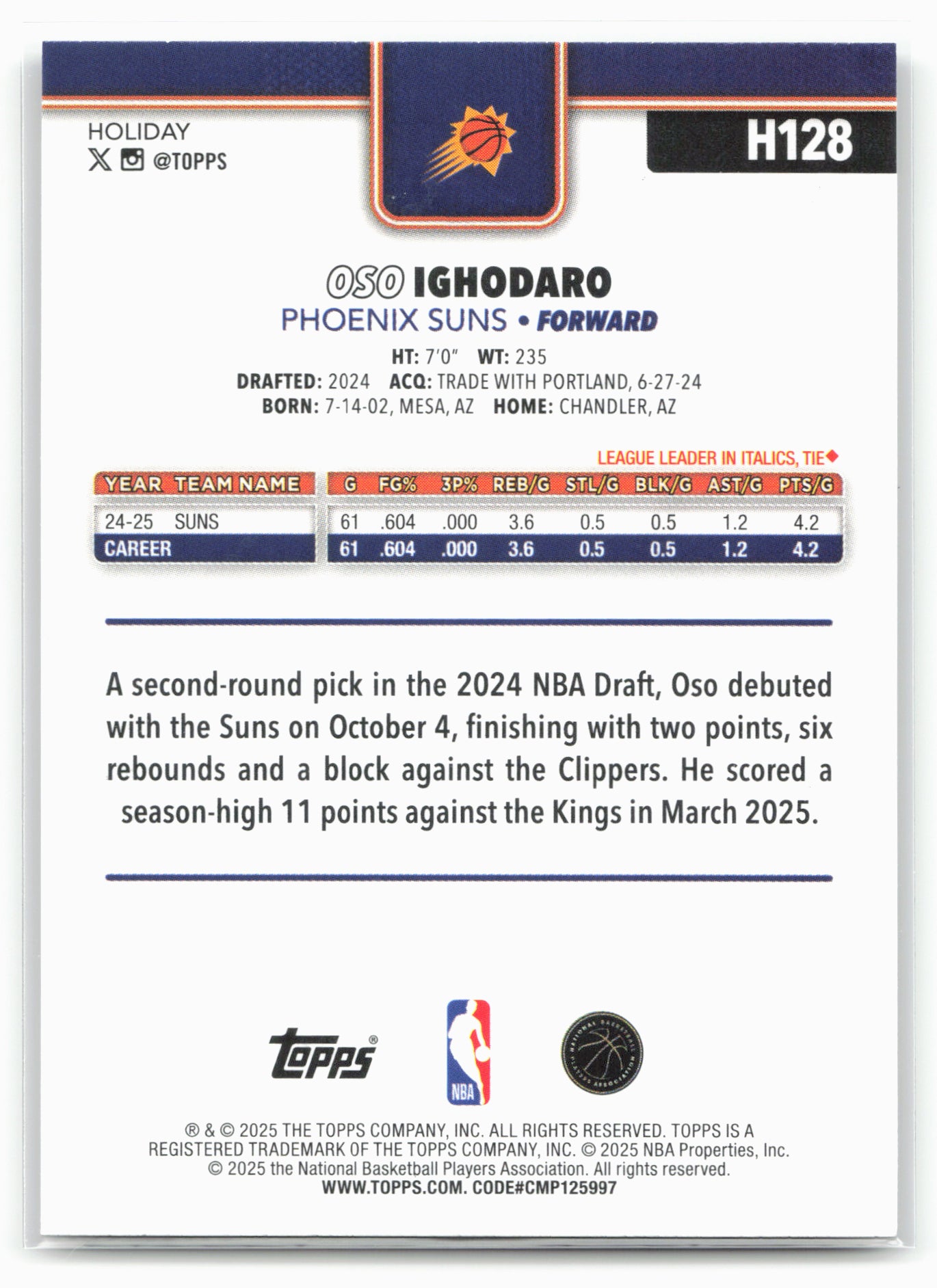 2025-26 Topps Holiday #H128 Oso Ighodaro Glitter Holiday