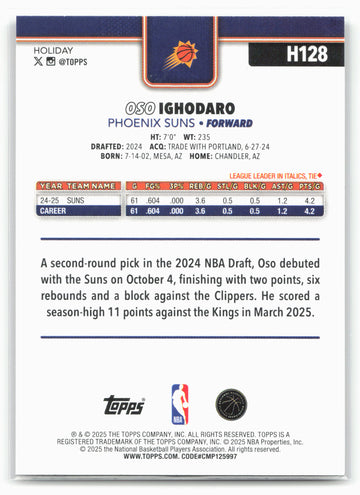 2025-26 Topps Holiday #H128 Oso Ighodaro Glitter Holiday