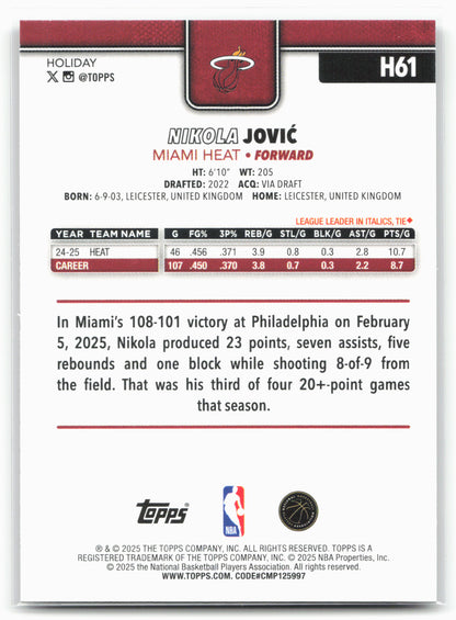 2025-26 Topps Holiday #H61 Nikola Jović Glitter Holiday