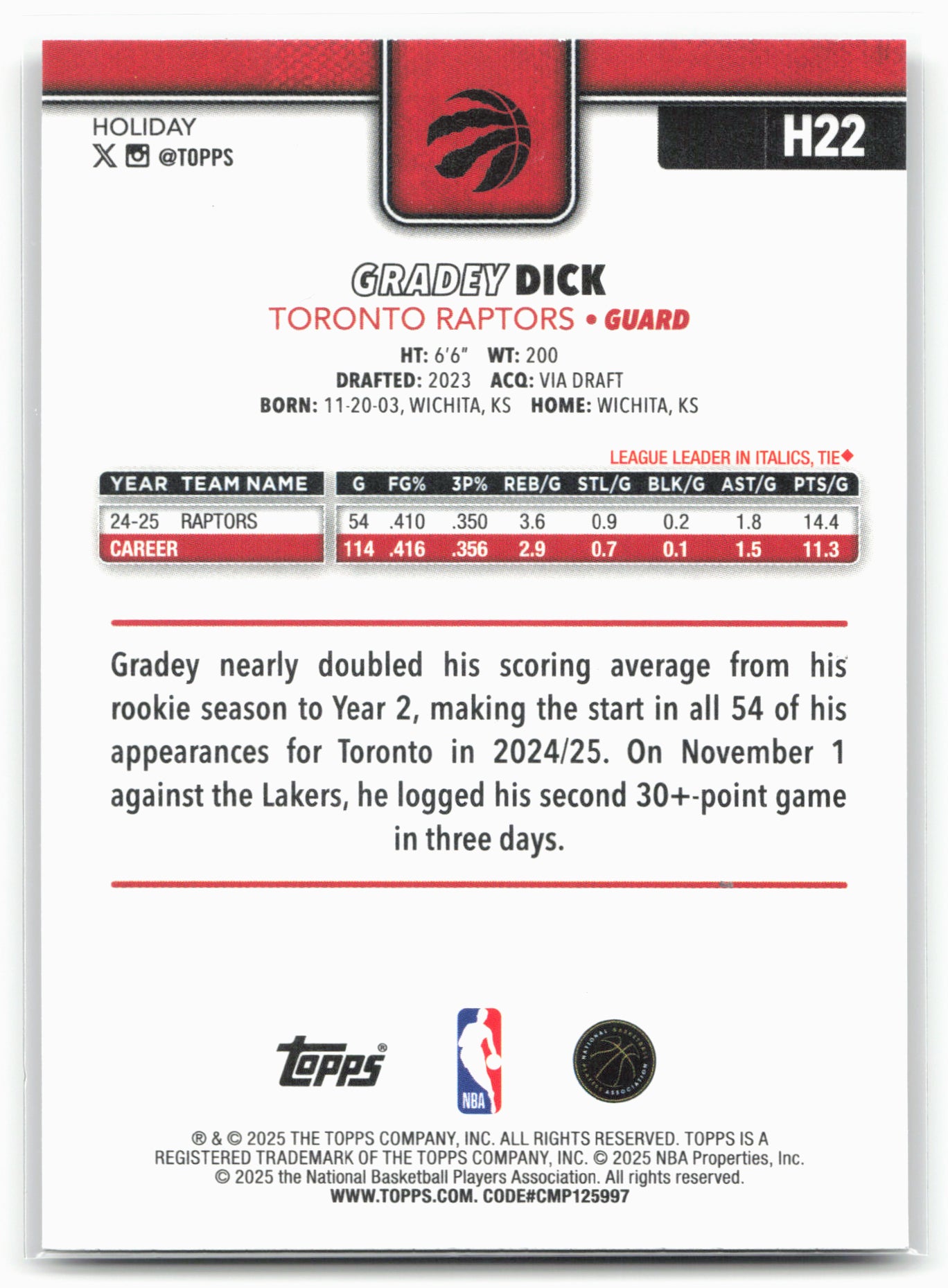 2025-26 Topps Holiday #H22 Gradey Dick Glitter Holiday