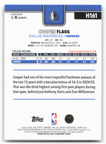 2025-26 Topps Holiday #H161 Cooper Flagg Glitter Holiday