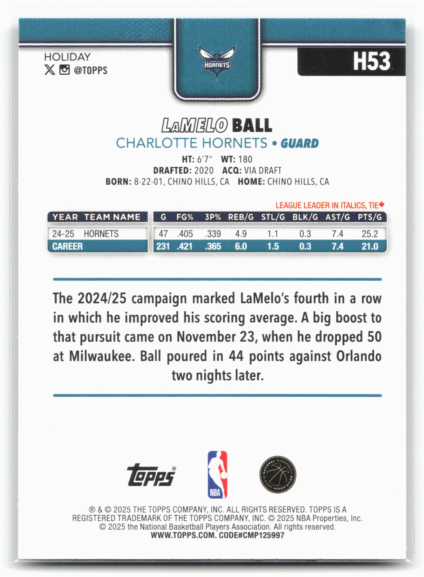 2025-26 Topps Holiday #H53 LaMelo Ball Glitter Holiday