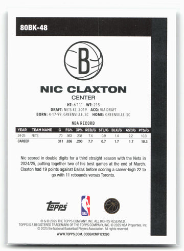 2025-26 Topps #80BK-48 Nic Claxton 1980-81 Topps Basketball