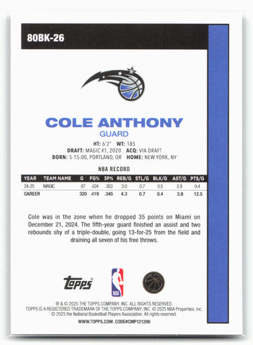 2025-26 Topps #80BK-26 Cole Anthony 1980-81 Topps Basketball