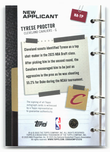 2025-26 Topps #NA-TP Tyrese Proctor New Applicants Autographs
