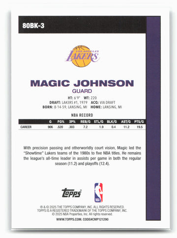 2025-26 Topps #80BK-3 Magic Johnson 1980-81 Topps Basketball