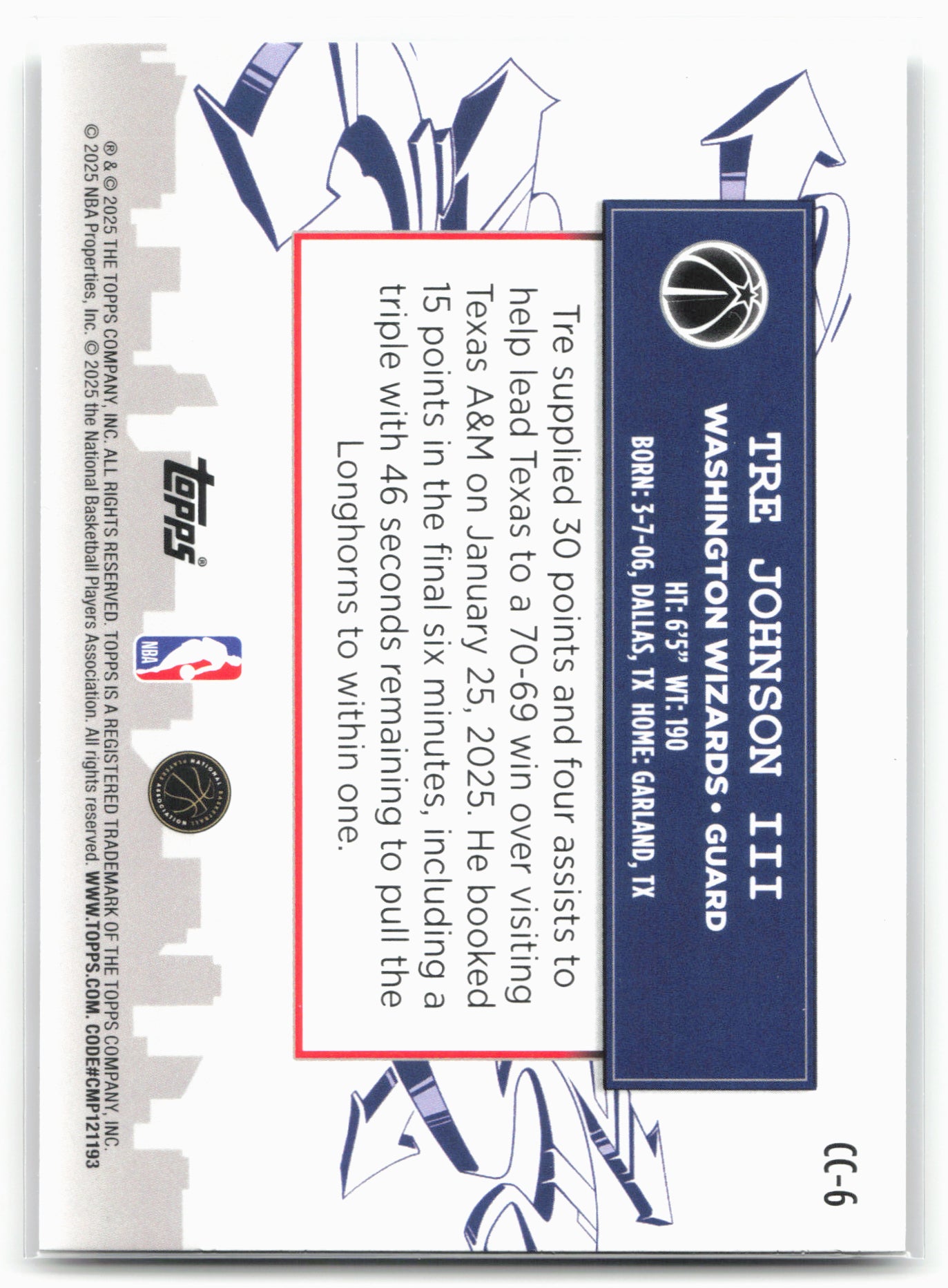2025-26 Topps #CC-6 Tre Johnson III Clutch City Prospects