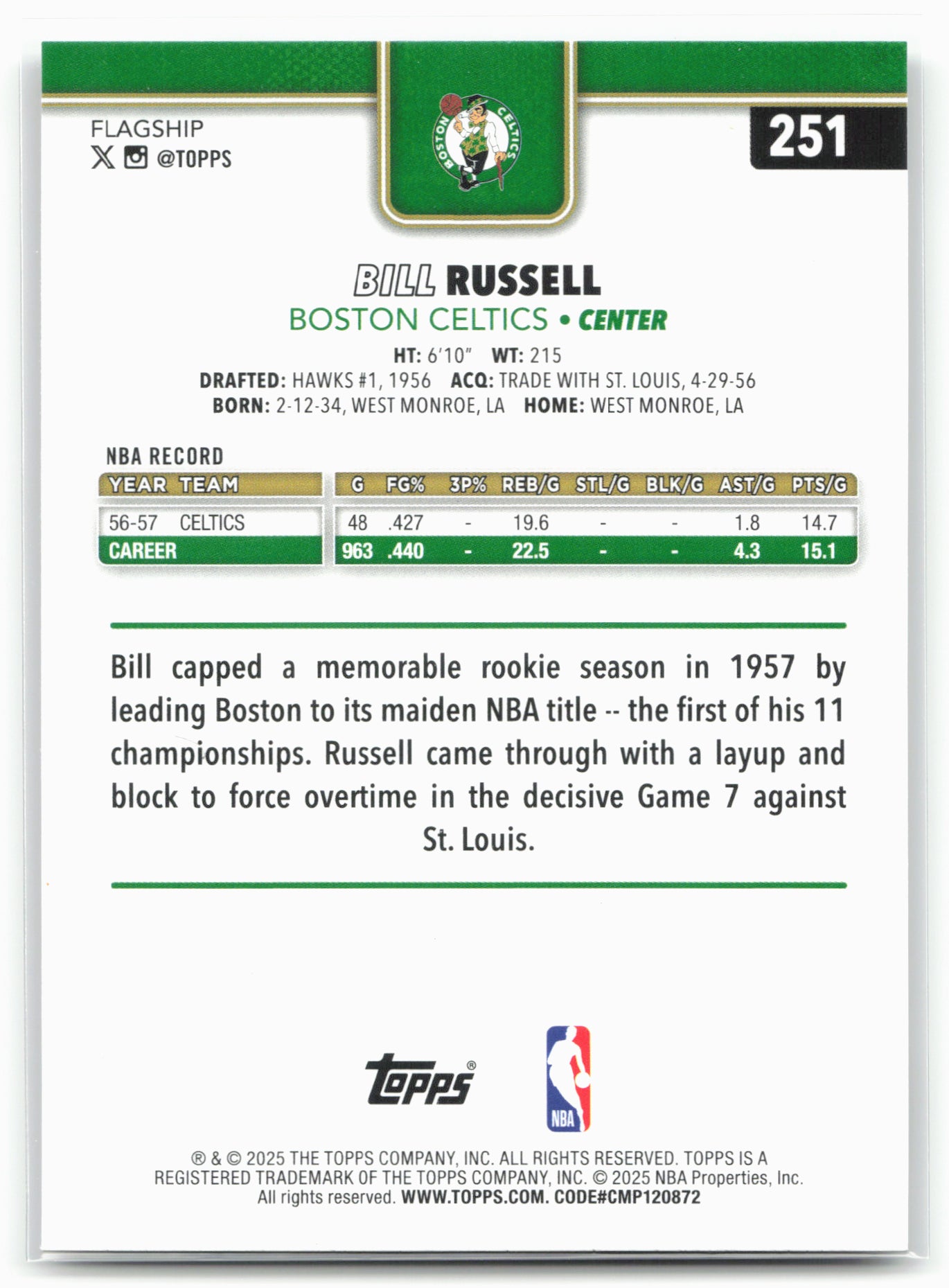 2025-26 Topps #251 Bill Russell Rainbow Foilboard
