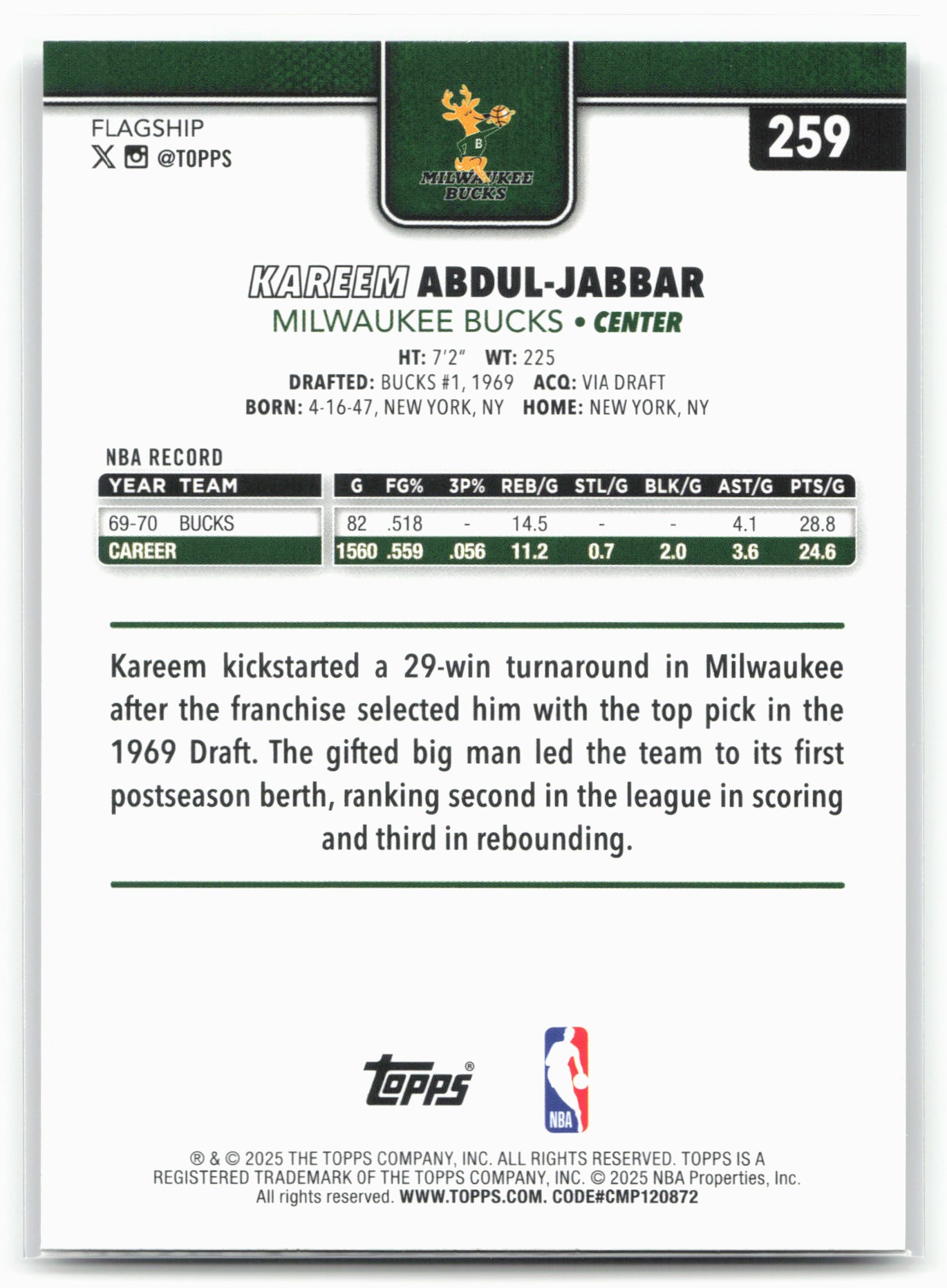 2025-26 Topps #259 Kareem Abdul-Jabbar Rainbow Foilboard