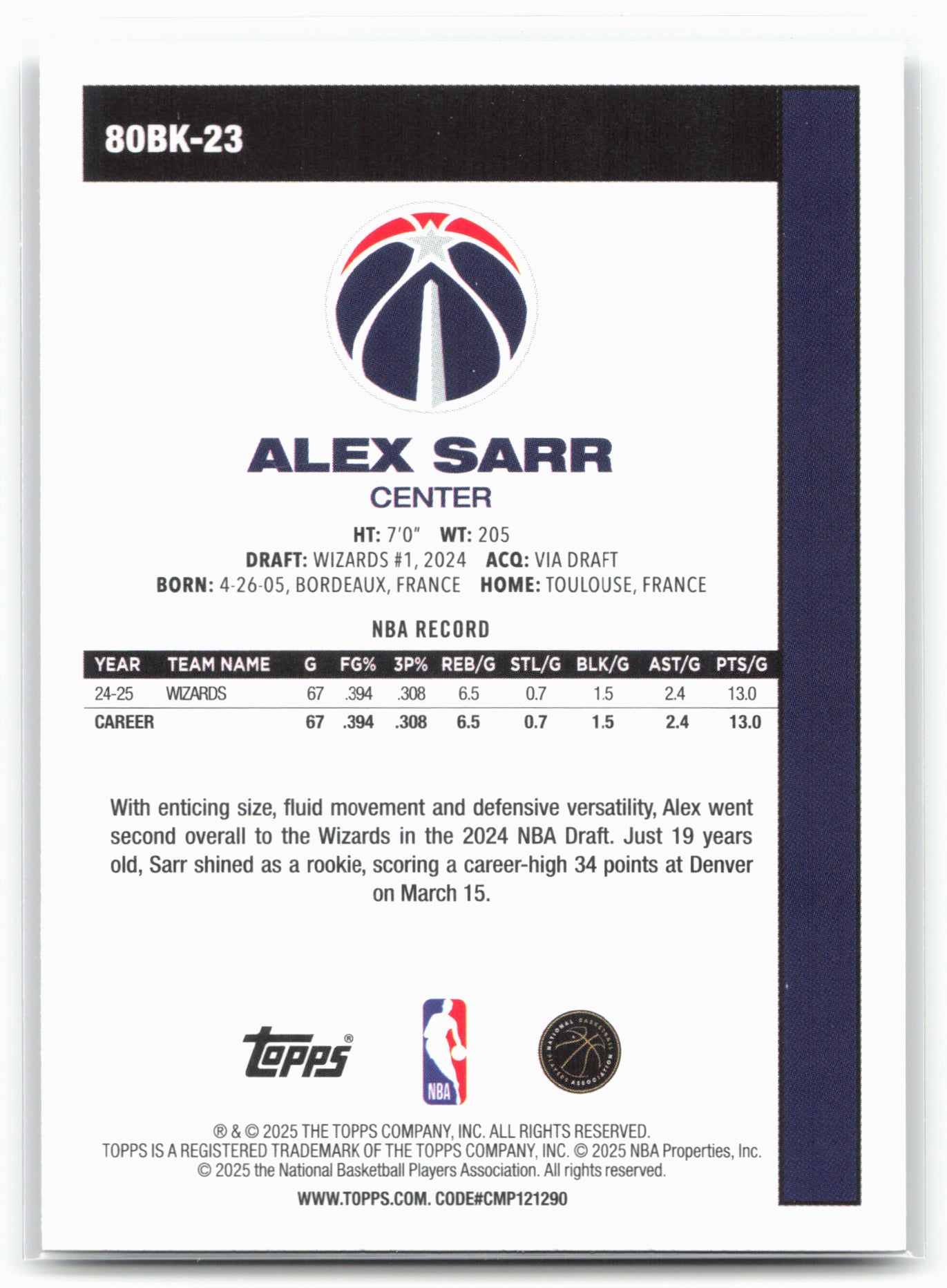 2025-26 Topps #80BK-23 Alex Sarr 1980-81 Topps Basketball