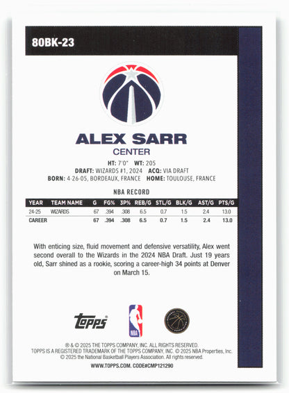2025-26 Topps #80BK-23 Alex Sarr 1980-81 Topps Basketball