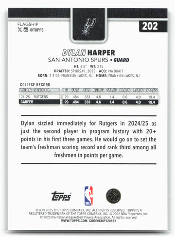 2025-26 Topps #202 Dylan Harper Rainbow Foilboard