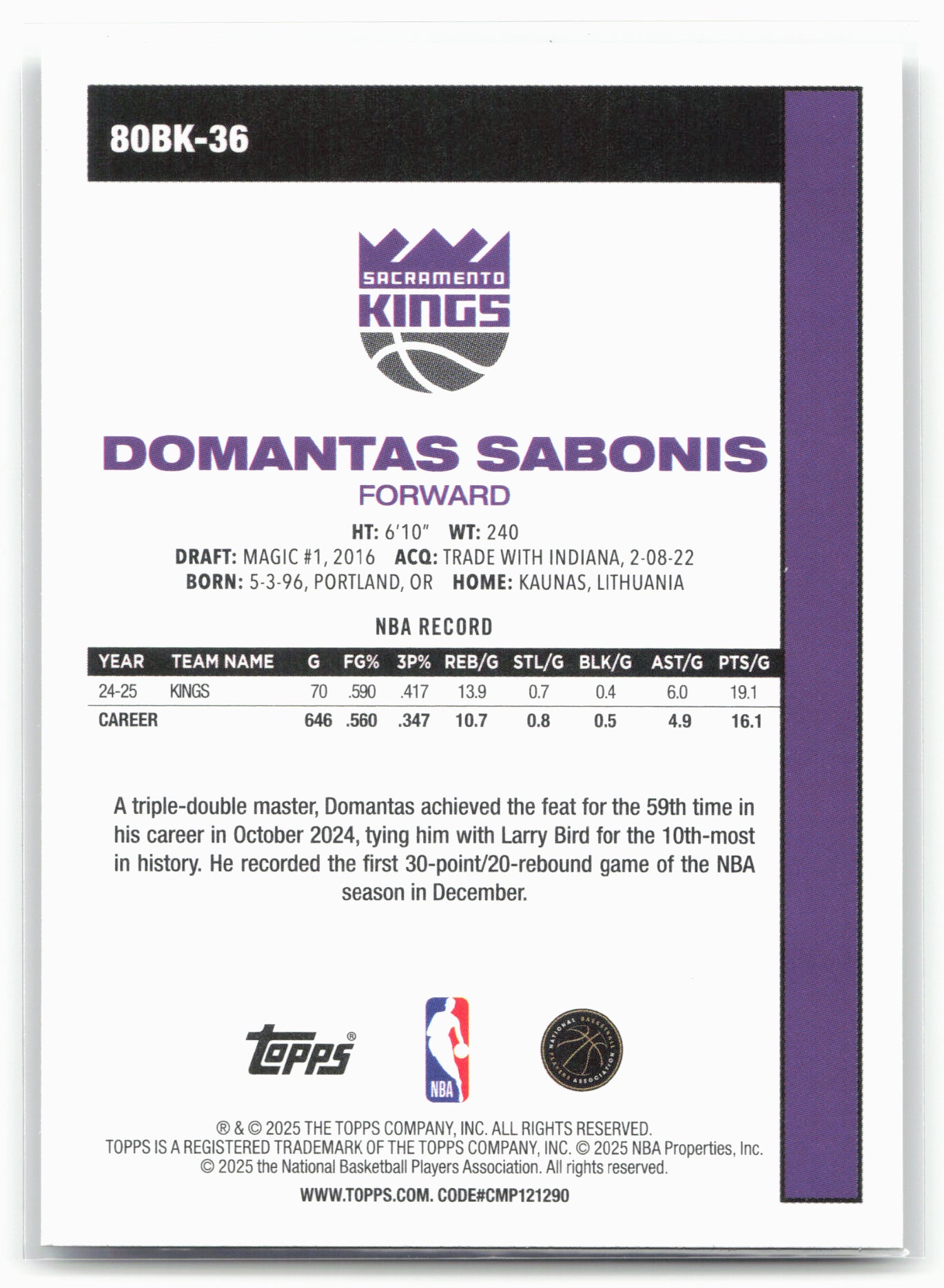 2025-26 Topps #80BK-36 Domantas Sabonis 1980-81 Topps Basketball