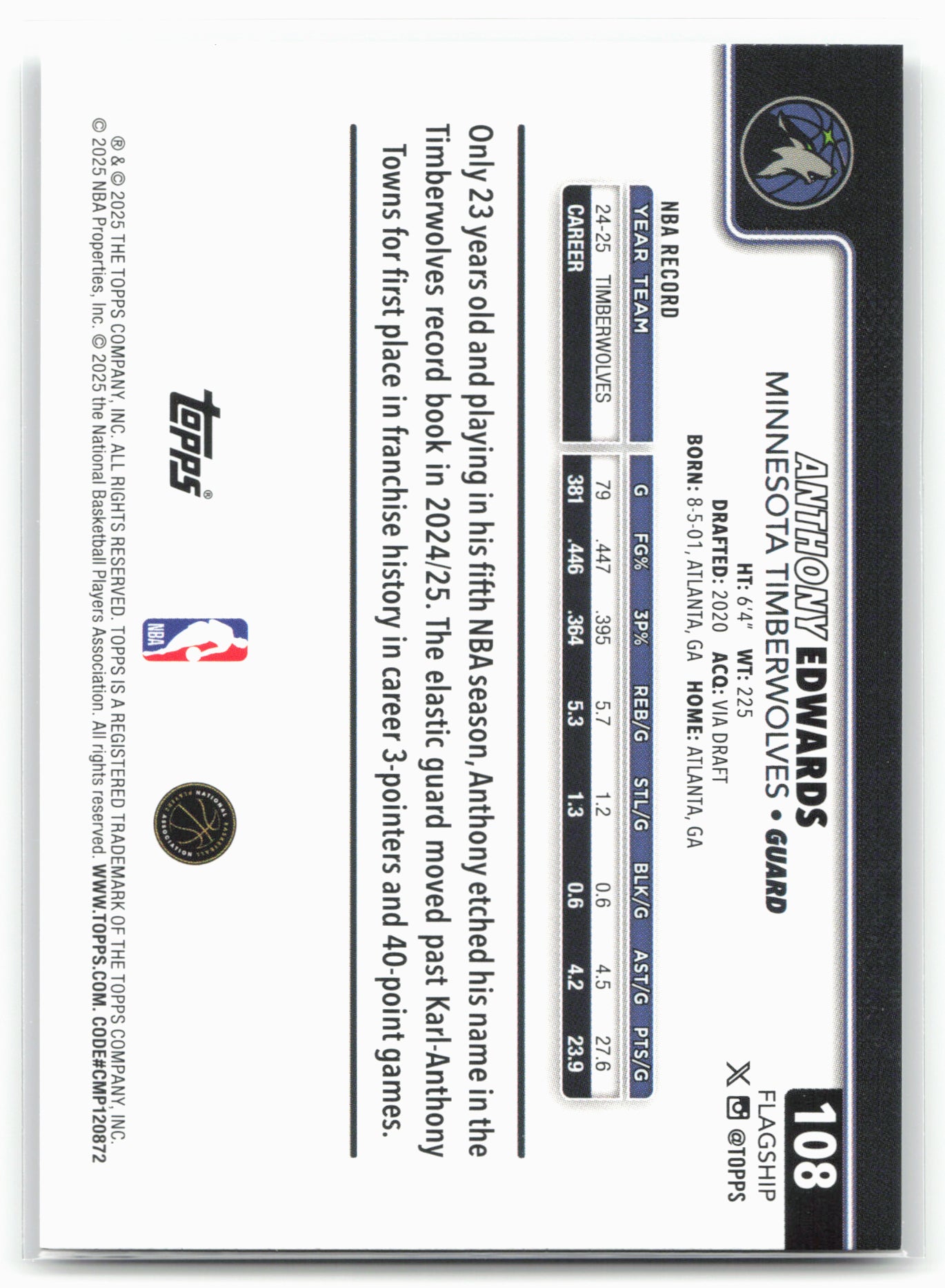 2025-26 Topps #108 Anthony Edwards Holo Foil