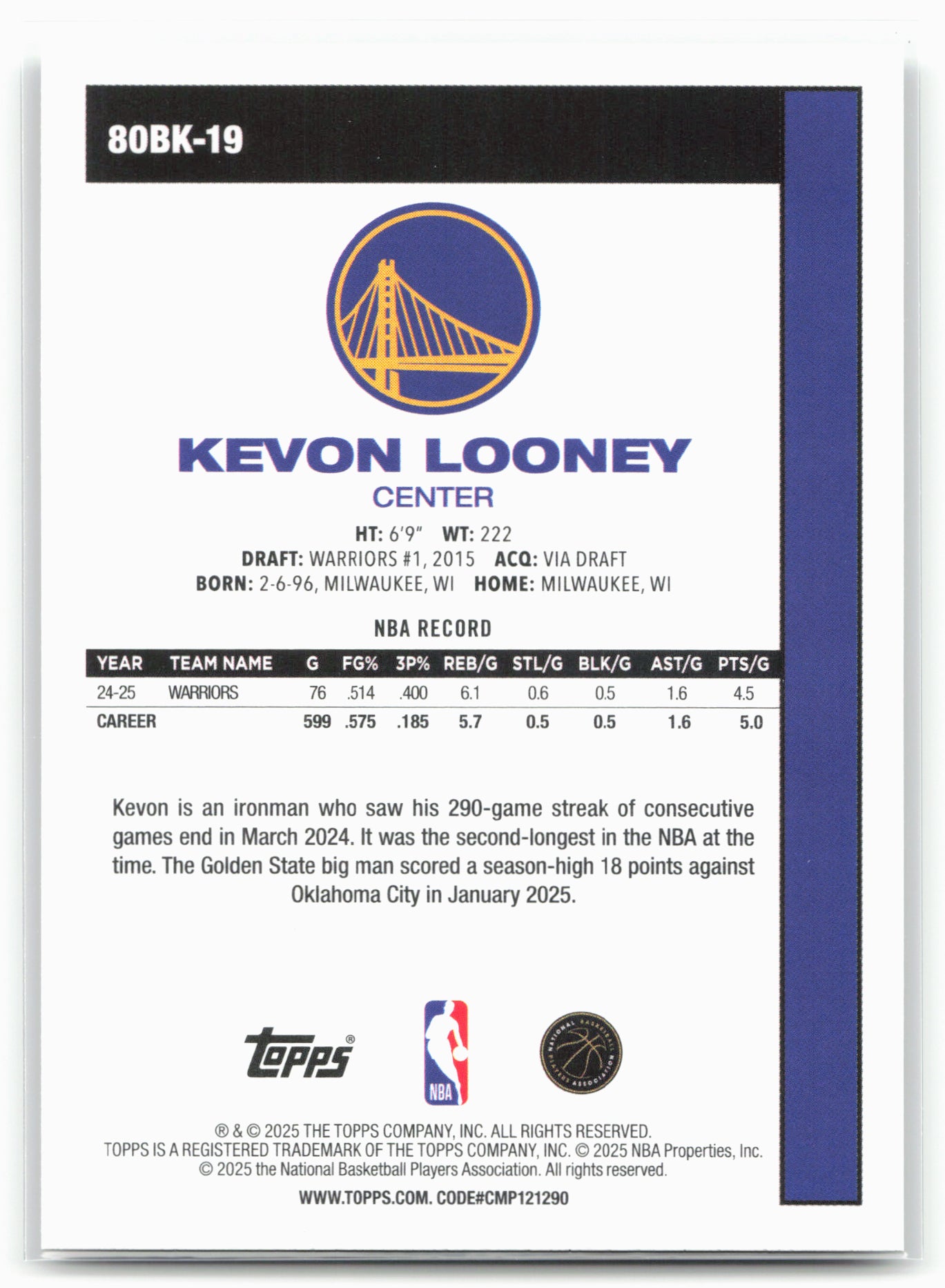 2025-26 Topps #80BK-19 Kevon Looney 1980-81 Topps Basketball