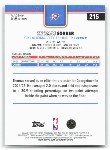 2025-26 Topps #215 Thomas Sorber Rainbow Foilboard