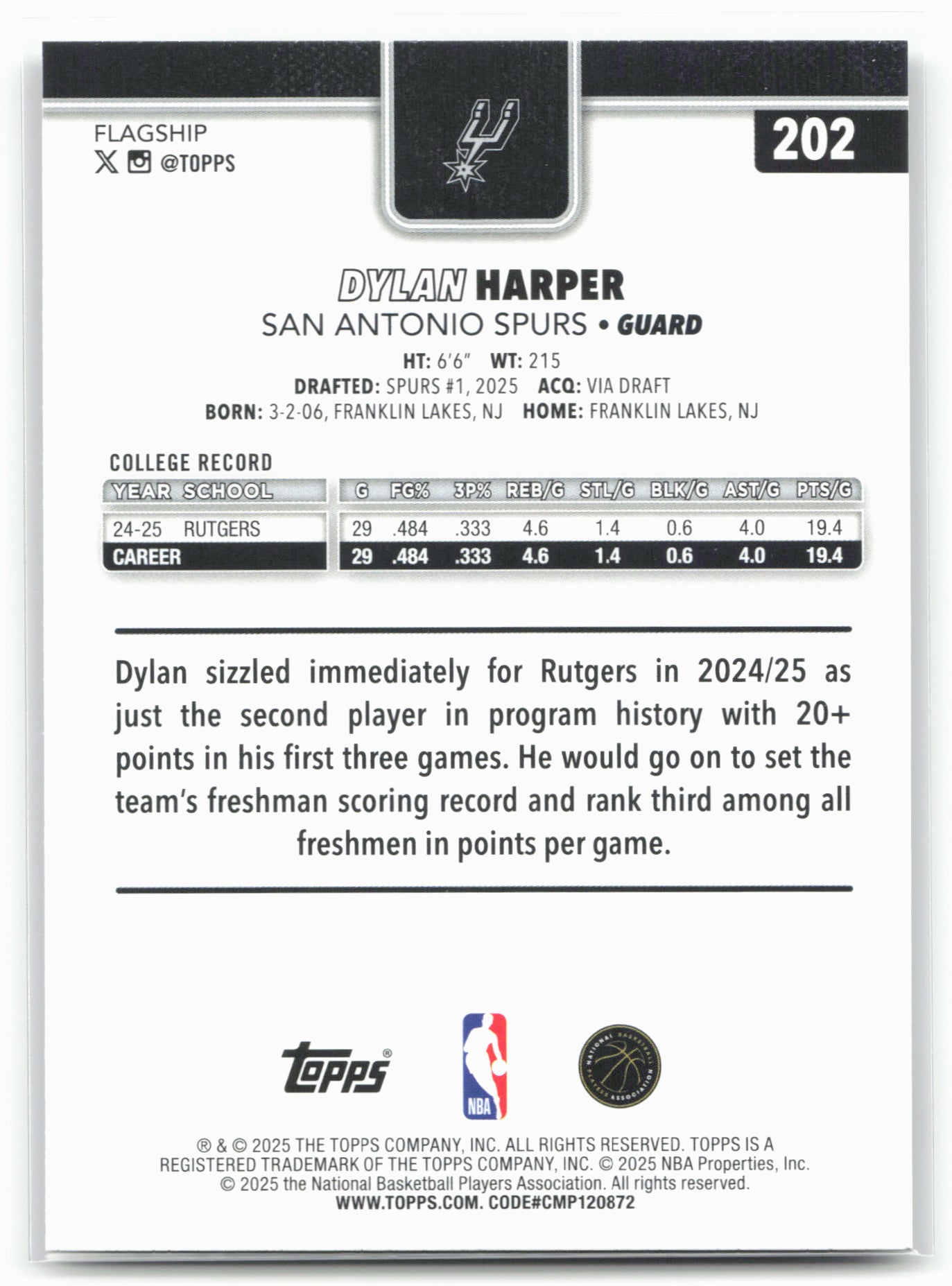 2025-26 Topps #202 Dylan Harper Rainbow Foilboard 23887